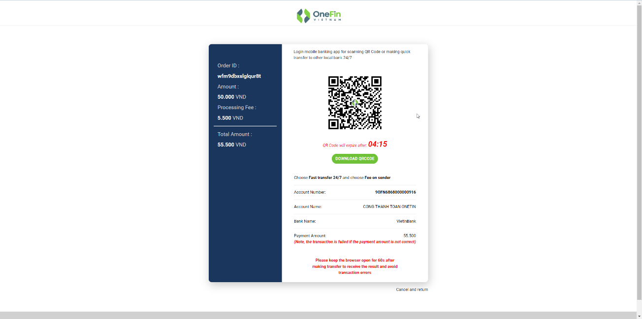 Merchant gọi sang API của OneFin với phương thức thanh toán trong request param, OneFin
sẽ trả về URL của trang thanh toán, website merchant redirect vào trang này